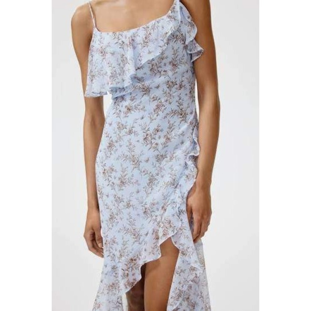 H&M Chiffon Ruffle High Low Slip Dress Light Blue Brown Floral Butterfly Fairy M